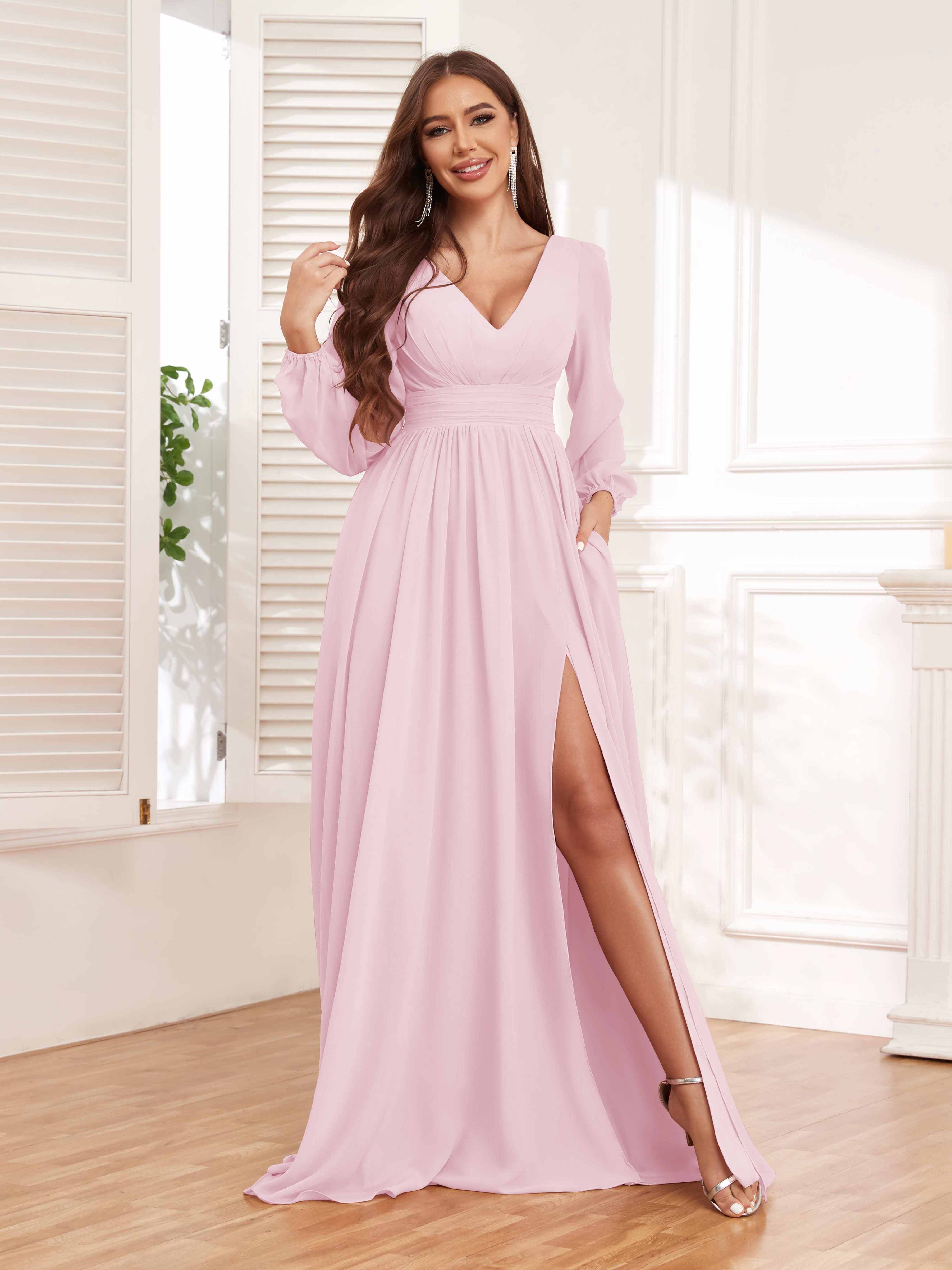 Trinity Modest Long Sleeves Slit Long Chiffon Bridesmaid Dresses