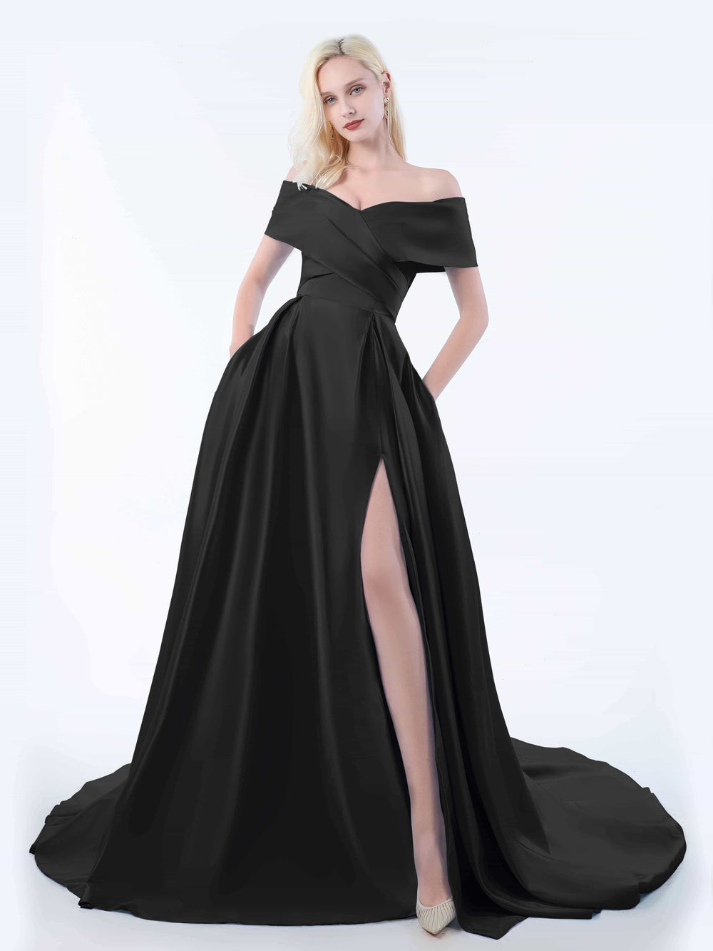 Off Shoulder Sweep Train Dress With Slit Dusty Blue Plus Size