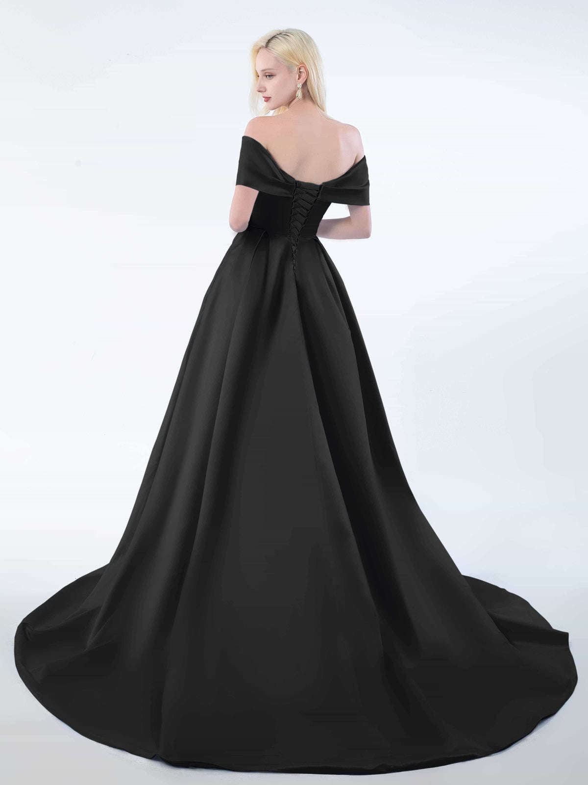 Elegant Off-the-shoulder Satin Sweep Train Dress Dusty Blue main image 1