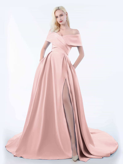 One-Shoulder Satin Dresses with Sweep Train Vintage Mauve