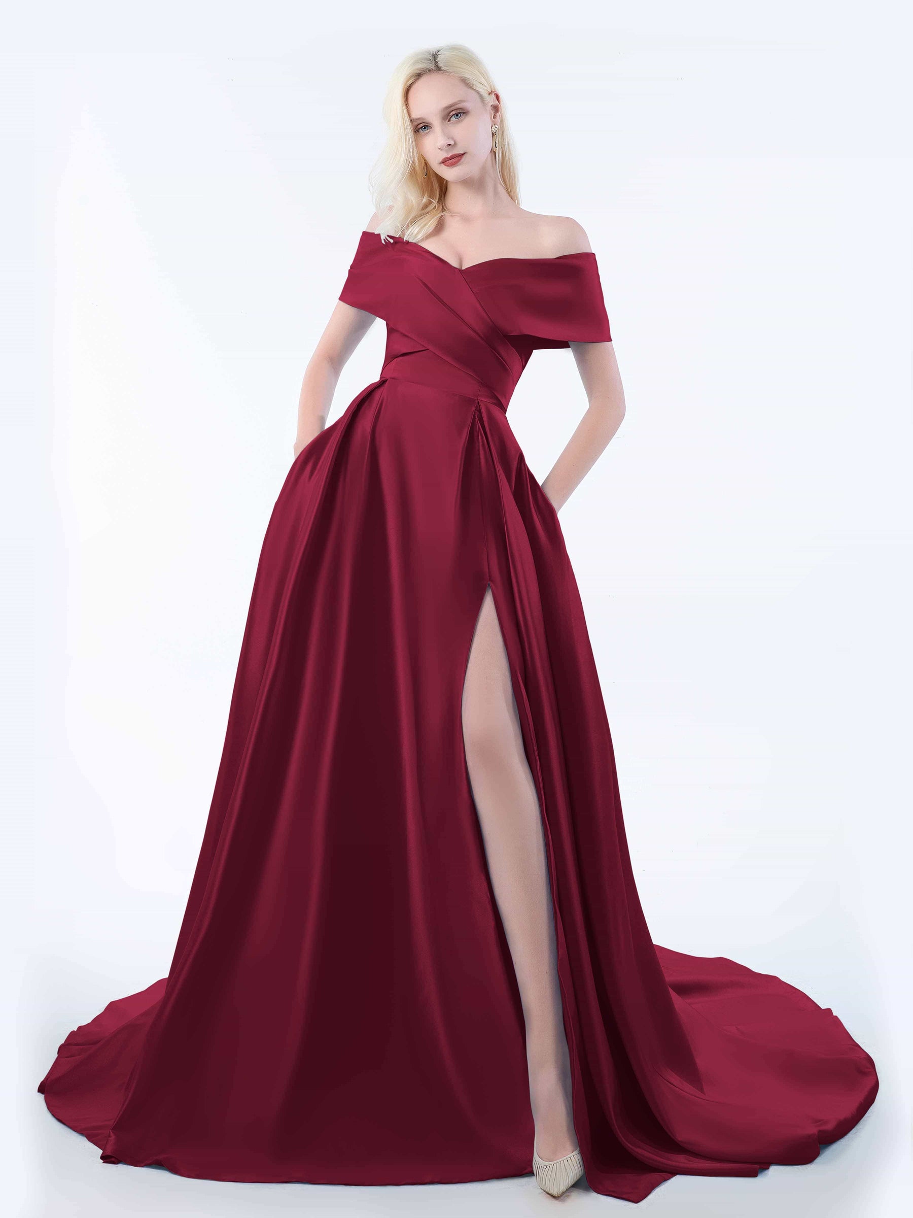 Off Shoulder Sweep Train Dress With Slit Dark Navy Plus Size