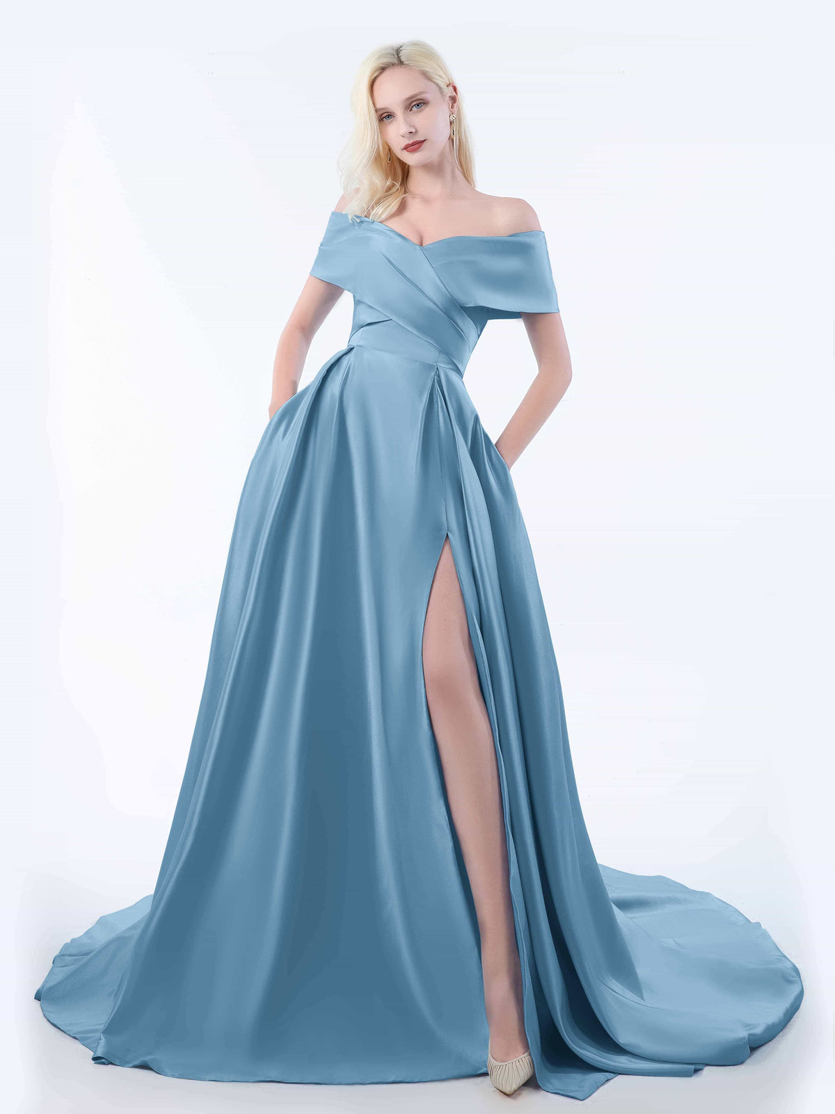 One-Shoulder Satin Dresses with Sweep Train Dusty Blue