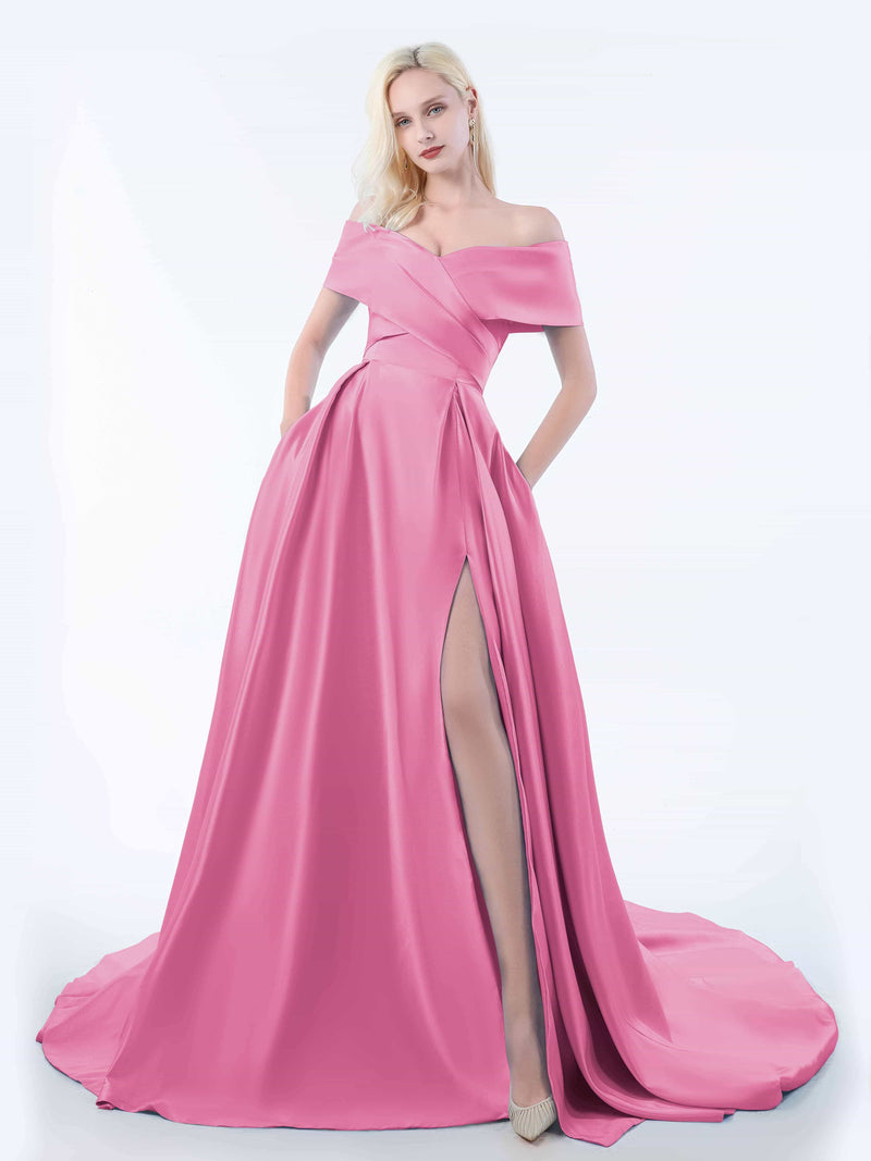 Off the Shoulder Stretch Satin Sweep Train Dress Red