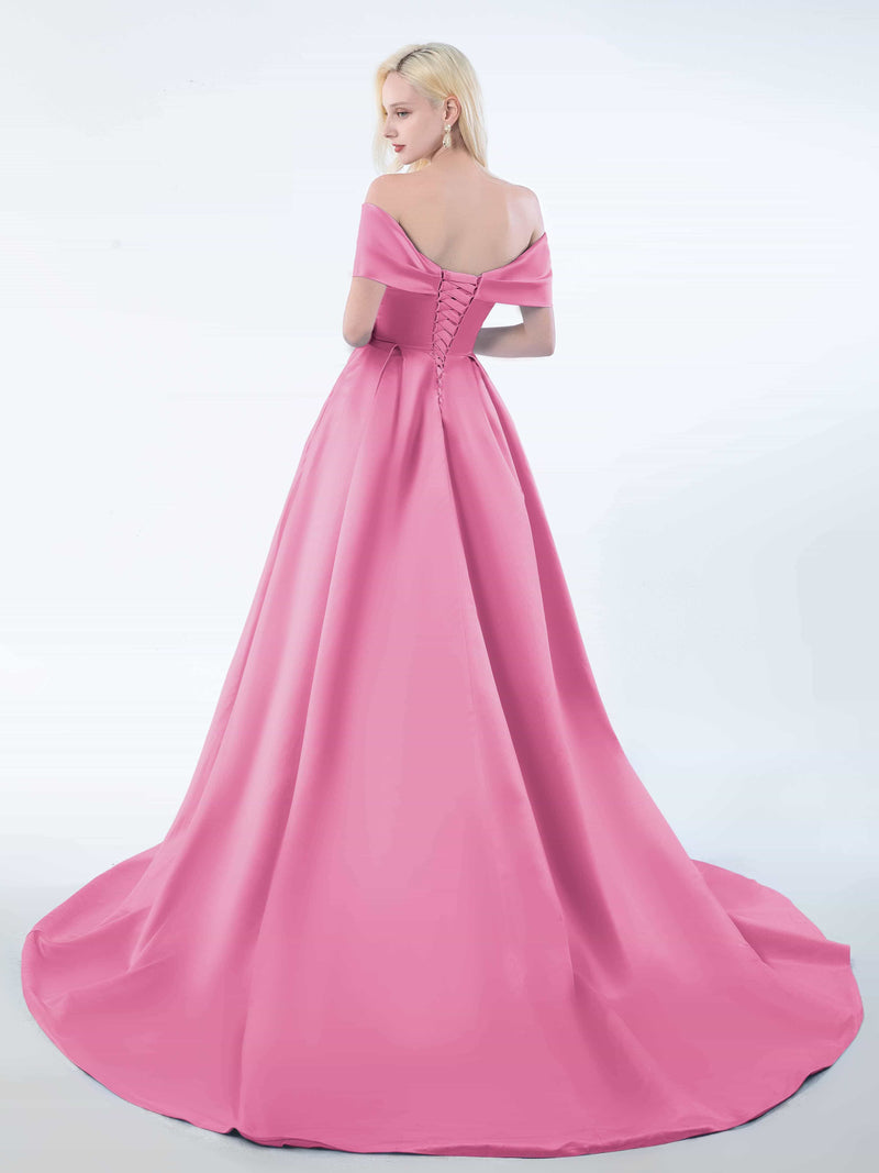 A-line Pleated Off-the-shoulder Sweep Train Slit Gown Flamingo main image 1